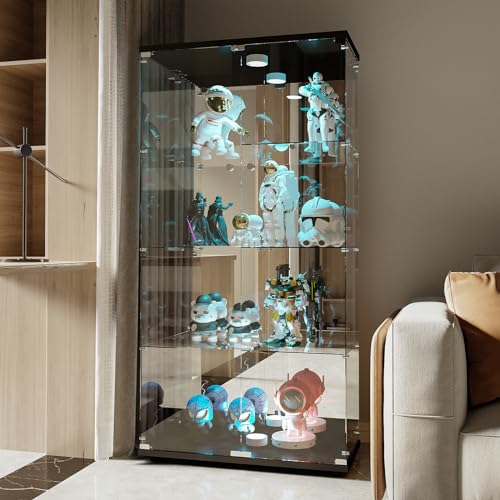 Vitrina de cristal con LED, vitrina de pie, vitrina de 4 capas, vitrina de cristal, iluminación LED, vitrina con cristal y cerradura, armario para libros (negro)