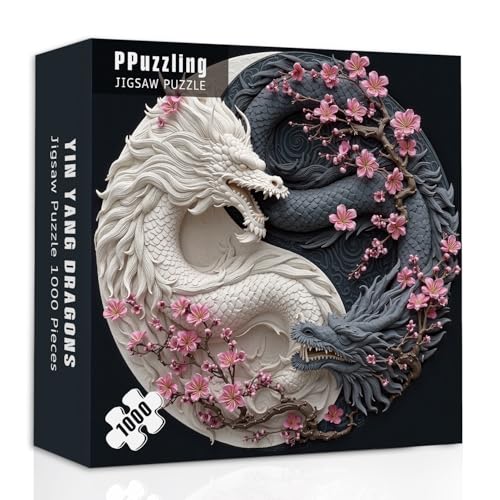 Yin Yang Dragon Puzzles para adultos 1000 piezas, dragones duales blanco y negro con flores de cerezo, rompecabezas floral animal fantasía miniatura 2