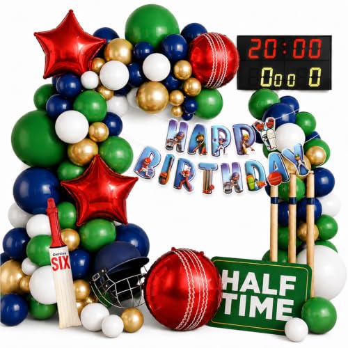 Image of Cricket Theme Birthday Decoration Kit for Boys with Balloon, Happy Birthday Banner, Bat Foil Balloon, Cricket Ball Foils, Scoreboard Props & Party Decor Set.