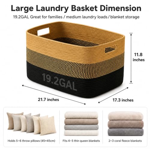 Image of 19.2GAL Sturdy Large Laundry Basket with Handles for Dirty Clothes, Portable Aesthetic Boho Cute Woven Storage Blanket Baskets for Living Room Decor and throws pillows Kids Toys Bath Towle Khaki Black