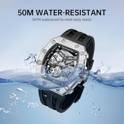 TSAR BOMBA Mens Luxury Watch Automatic Watches for Men 50M Waterproof Japanese Mechanical Movement Tonneau Stainless Steel Case Sapphire Glass Big Face Watch Cool Unique Fashion Gift for Men