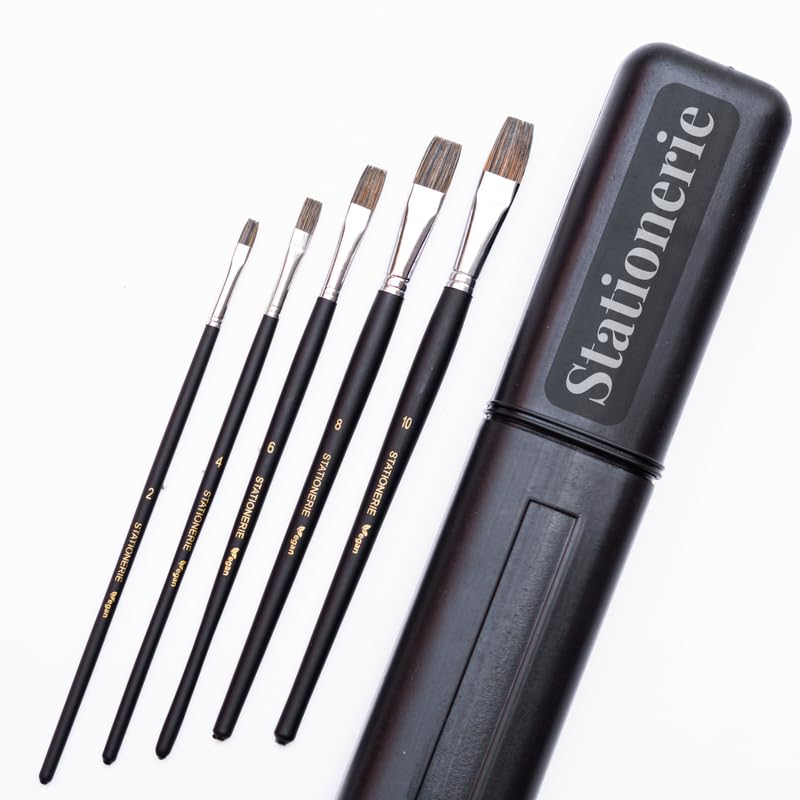 Image of Stationerie Flat Paint Brushes Set /Handmade Professional Artist Painting Brush Set for Acrylic, Watercolor, & Gouache Painting (Set of 5)