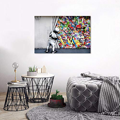 Yatsen Bridge Classic Street Art Banksy Graffiti Wall Art Behind The Curtain Posters Canvas Paintings Colorful Graffiti Pictures Prints Stretched And Framed For Living Room Home Decor(36''W X 24''H) #TOP1