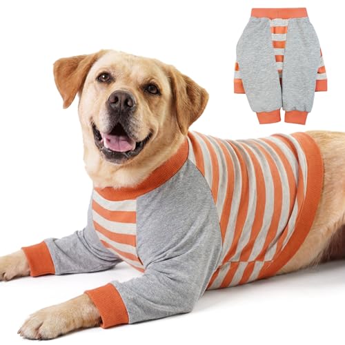 Image of FUAMEY Dog Recovery Sleeve with Elbow Protector,Dogs Shirt Stop Licking Joints,Pet Long Sleeve Suit Protecting Dog's Front Leg Arm Wounds Cover Skin Conditions Orange Stripes 3XL
