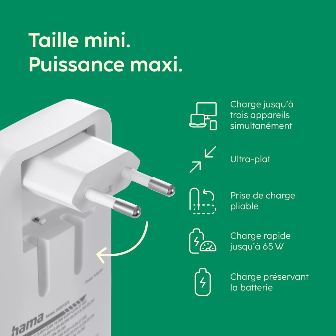 Hama Chargeur Rapide USB-C 65W GaN 3 Ports, sur Secteur, 2X USB-C 65W, 1x USB-A 18W, Mini-Chargeur PD Ultra Plat, Compact et Pliable, Qualcomm Quick Charge, pour PC, Smartphone, Tablette, Blanc