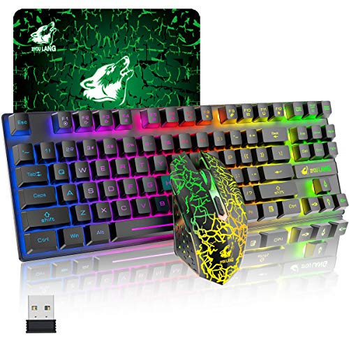UrChoiceLtd T87ワイヤレスゲーミングキーボードマウスセット リンボーLEDバックライト 英語配列,3800mAh大容量 無線 2400DPIマウス 2.4G 静音マウス 黒