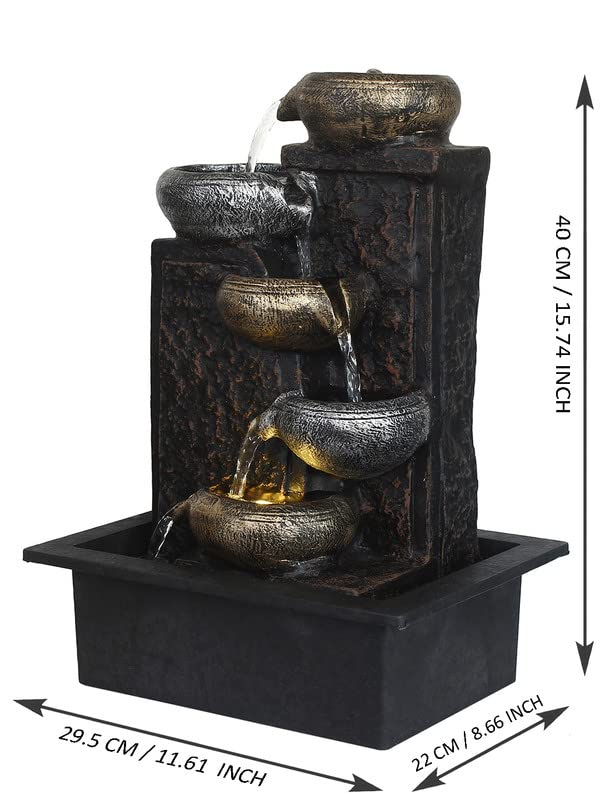 Image of Polyresin Designer Up to Down 5 Diya Steps Table Top Indoor Water Fountain for Home Decor with Speed Controller Pump & Yellow LED (Size: 40 x 29.5 x 22 CM | Weight: 1865 Gram)