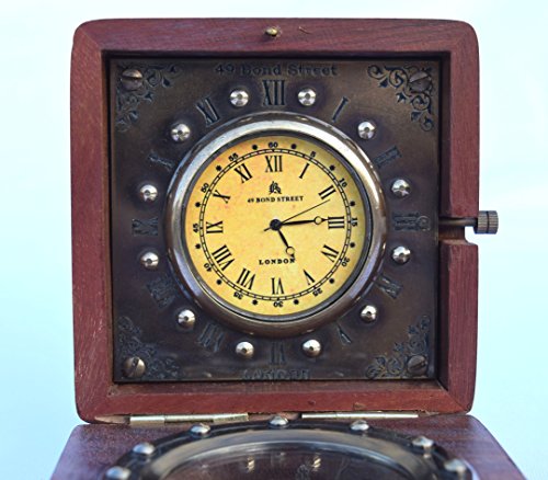 Twin Star Enterprises Antique Nautical Brass Desk Clock With Compass In Rose Wood Box #TOP3