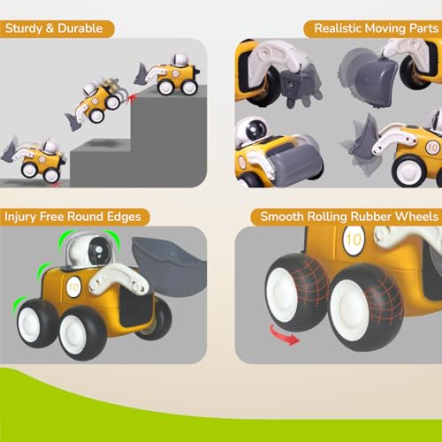 Image of R for Rabbit Orapple Rover Push and Play Mini Construction Vehicle Set for Kids | Non-Toxic BPA Free 4 Pcs Road Roller, Bulldozer, Drill Crusher & Excavator Baby Toy Car Combo (Yellow Black)