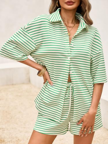 Image of Tankaneo Womens Striped 2 Piece Sets Short Sleeve Lounge Set | Button Down, Waffle Knit, Pajama Lounge Set, Summer Outfits