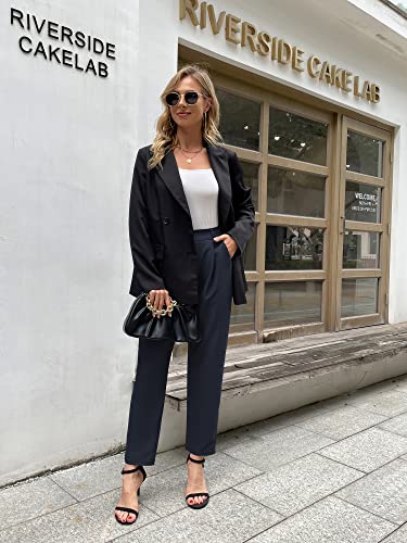 Women Plaid High Waisted Pants Elastic Waist Joggers Running Sweatpants Dark Blue #TOP3