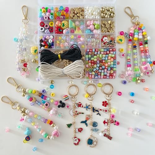 PHODDR 500+ Piece DIY Keychain Making Kit - Beaded Bag Decor Craft Set with Letter Beads and Pendants Perfect for Girls and Teenagers - Birthday and Christmas Gift