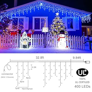Einiiya Icicle Christmas Lights Outdoor, 33 FT 400 LED Icicle Lights for Outside 8 Modes with 75 Drops, Plug in Waterproof Hanging Christmas Light for Holiday Pavilion Balcony Decorations, Blue