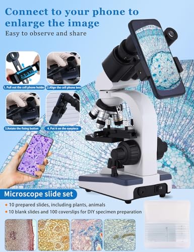 Image of Microscope for Adults WF10x and WF25x eyepieces Compound Microscope with Microscope Slides, Microscope Kit for Kids Students Home School