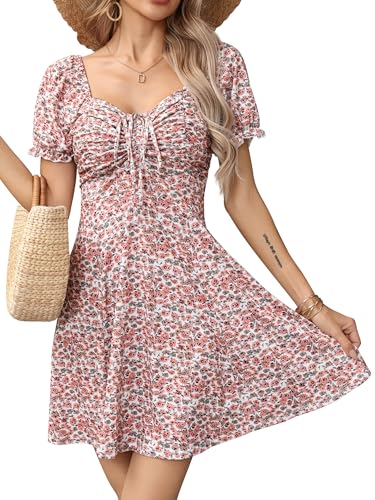 Image of Missufe Women's Puff Short Sleeve Drawstring Ruched Front Fit and Flare Floral Summer Casual Short Dress