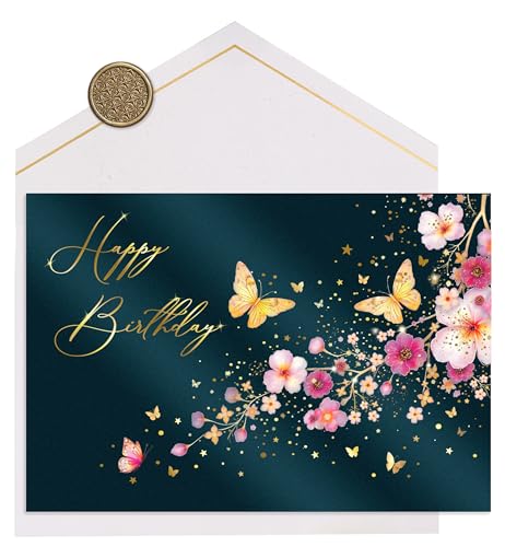 Joli Coon Papeterie Geburtstagskarte STARDUST Cherry Blossom - Premium Geburtstagskarte mit FinePaper Kuvert und echtem Wachssiegel