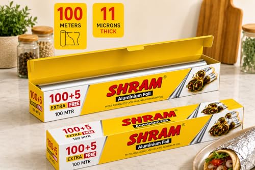 Image of Aluminium Foil 100 Meter + 5 Meter Free | 11 Micron Food Grade Kitchen Foil Roll | Safe Paper Zigzag Cutter | Multipurpose Foil for Home, Hotel & Restaurant Use | Baking, Grilling & Food Wrapping