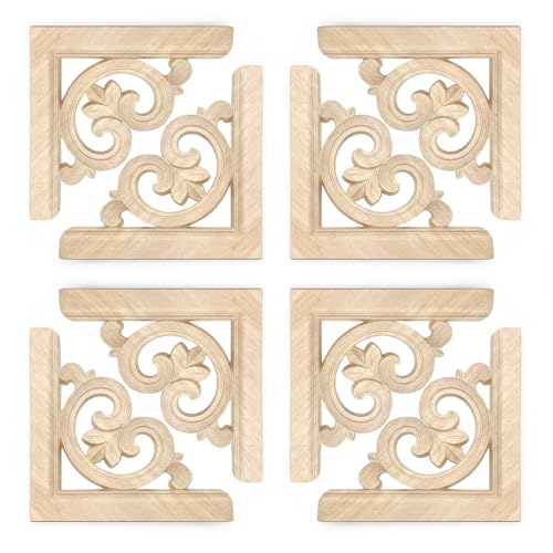 Vilanca 20 Pcs Decorative Wood Flower Carved Appliques 2.4inch Corner Onlay DIY Unpainted Solid Wooden Carved Corner Decal for Furniture Wardrobe Mirror Photo Frame Closet Decoration (2.4inch)