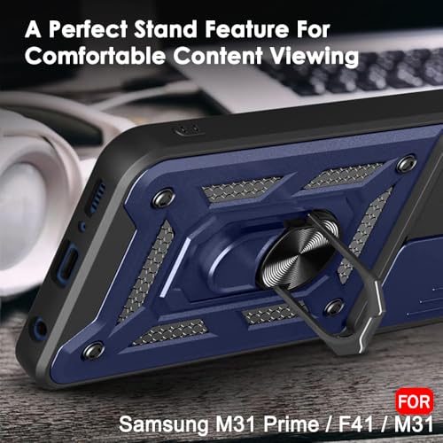 Image of TheGiftKart Tough Armor Bumper Back Cover Case for Samsung Galaxy M31 / F41 / M31 Prime | Ring Holder & Kickstand in-Built | 360 Degree Protection Back Case (PC & TPU, Sliding Camera Cover, Blue)