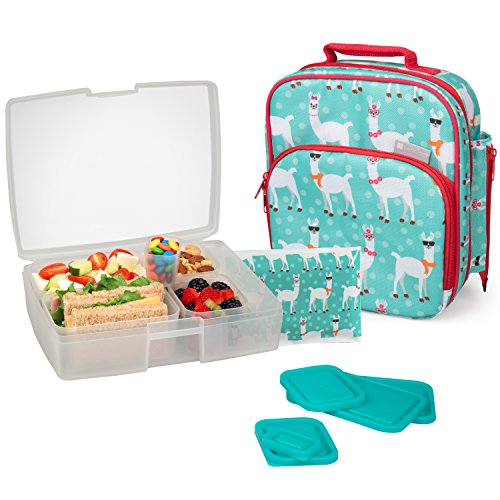 Kids Insulated Lunchbox Tote, Bento Box, 5 Containers and Ice Pack - Llama