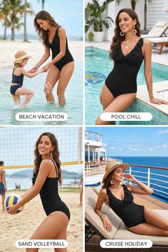 Image of Yonique Womens Two Piece Swimsuits - Ruffle Flounce Tankini Tummy Control Bathing Suits V Neck Swimwear