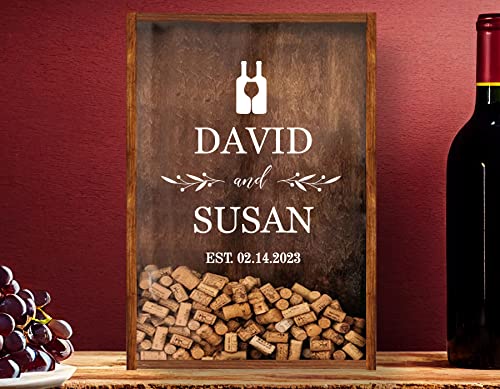 HRZSIGNFC Personalized Wine Cork Holder - Rustic Wedding Guestbook, Wooden Shadow Box Decor - Gift for Wine Lovers