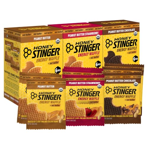 Honey Stinger Organic Peanut Butter Energy Waffle Variety Pack of 18 6 Pack Each of Peanut Butter PB Chocolate and PB Strawberry Nutritious Stroopwafel Snack for Exercise Endurance and Performance