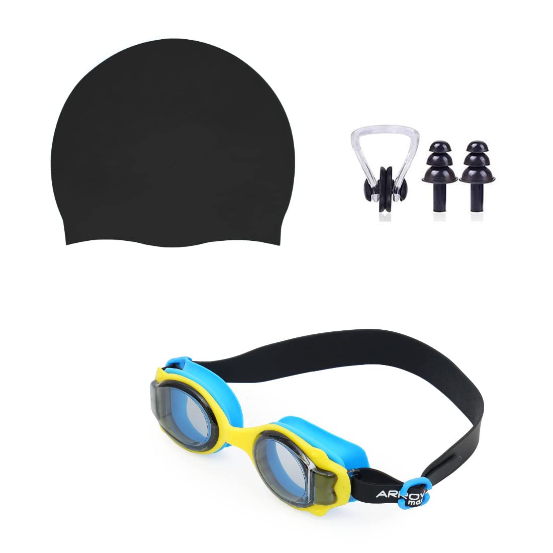 ArrowMax Swimming Cap Goggle Set for Adults Premium Anti Fog Goggle Wide Lens Big Size with Fabric Pu Swim Cap with Ear Plug and Nose Pin (Black) (B0C3VFG3VM) Amazon Price History, Amazon Price Tracker