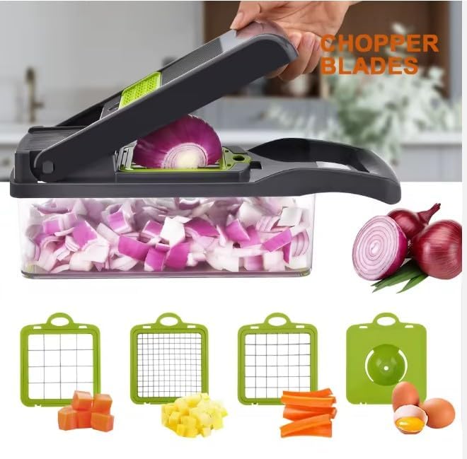 TOALLWIN 13-in-1 Multifunctional Vegetable Chopper | Food Chopper and Cutter with Container and 12 Interchangeable Blades | Kitchen Gadgets & Accessories, Home Essentials, 13-Piece Set (Gray)