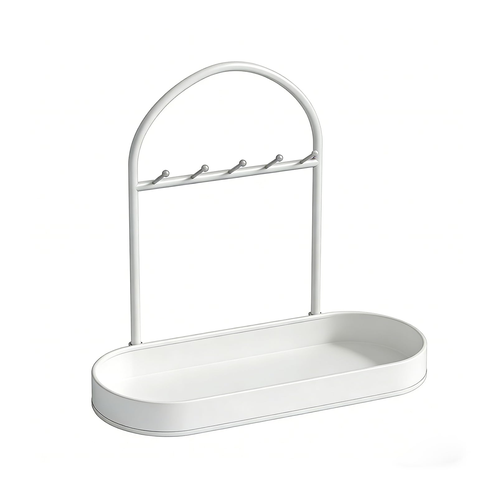 YEFENGRHUI Key Holder Stand with Tray, Metal Entryway Key Organiser with Jewellery Dish, Valet Tray with 5 Hooks for Hallway, Bedroom or Desk (White)