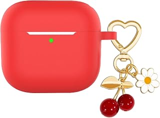 Protective Case for Airpods 4 with Cute Cherry Charm Heart Keychain,Soft Silicone Airpod 4 Cover Daisy Key Chains for Apple Airpods 4th Generation Case for Women Men Red