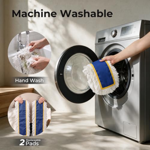 Image of 40 inch Commercial Dust Mop, Large Dust Mop with 2 Washable Pads, Blue | Industrial Mop with 2 Washable Pads, Large Heavy Duty Industrial Push Mop for Hardwood, Marble, Laminate, Vinyl, Concrete