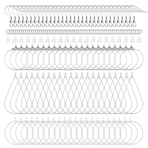 400 piece Sterling Silver Plated Earring Hooks Hypoallergenic Earrings Making Kit with Beading Hoop Earring Finding Component Accessories Earring Backs & Jump Rings for DIY Jewelry Craft