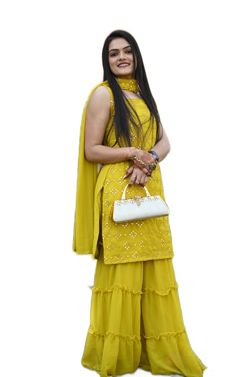 YAZU LIFESTYLE Women Kurta and Sharara Set | Embroidery Kurti with Sharara & Dupatta Set | Short Kurta sharara with Attach Dupatta