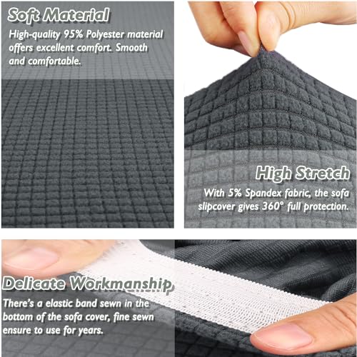 Teynewer High Stretch Sofa Covers 3 Seater Super Soft Stylish Couch Covers for Dogs Pets Cats Jacquard Spandex Non Slip Sofa Slipcover for Living Room Furniture Protector (3 Seater, Grey) - Image 4