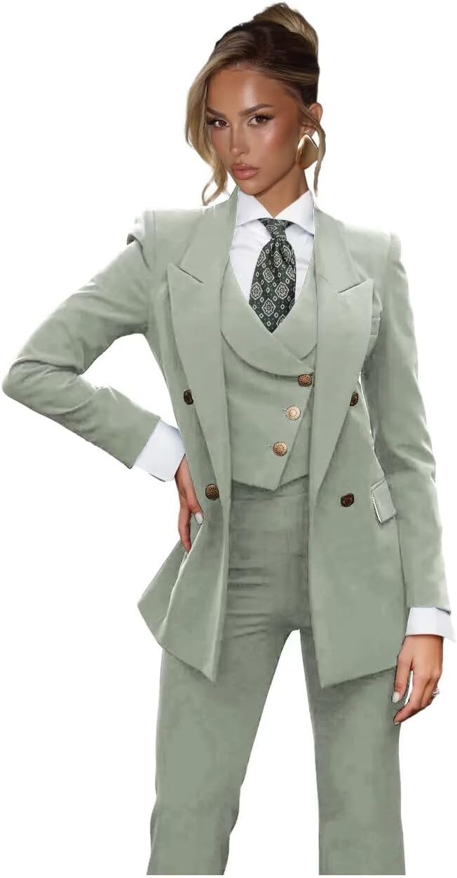 3 Piece Casual Womens Suit Business Casual Suits for Women Double Breasted Peak Lapel Wide Leg Womens Pant Suit