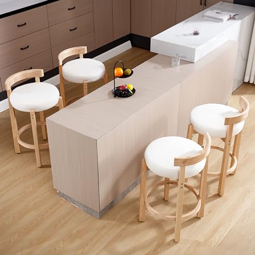 Image of CIMOTA 26.5 inch Counter Height Bar Stools Set of 2 | Mid Century Modern Low Back Bar Chairs with Solid Wood Legs & Sherpa Upholstered Seat, Kitchen Island Stools, White