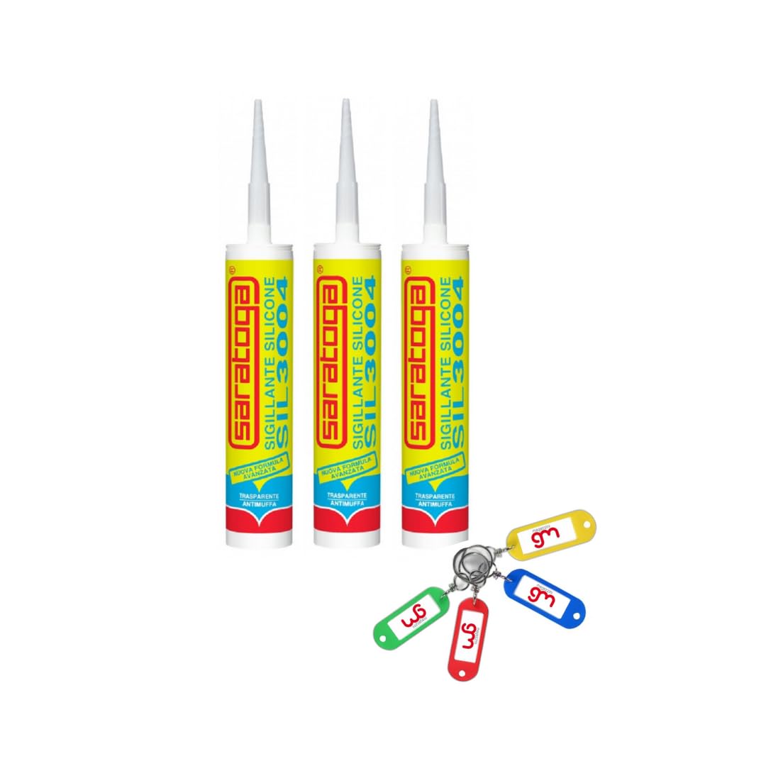 SARATOGA SIL3004, Silicone Sigillante Antimuffa Universale a Reticolazione Acetica con Formula Avanzata ad alte prestazioni,280ml con Portachiavi GM (3, Trasparente)