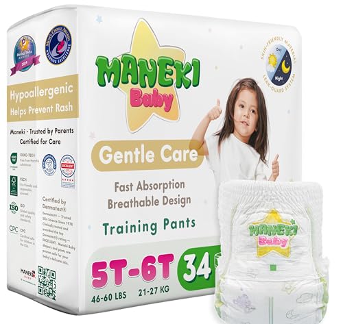 Image of Maneki Baby Hypoallergenic Potty Training Pants 5T-6T, 34 Count (46-60 lbs), Pull-On Diaper Pants & Training Underwear, Soft, Unscented & High Absorbency for Overnight & Daily Use (Pack May Vary)