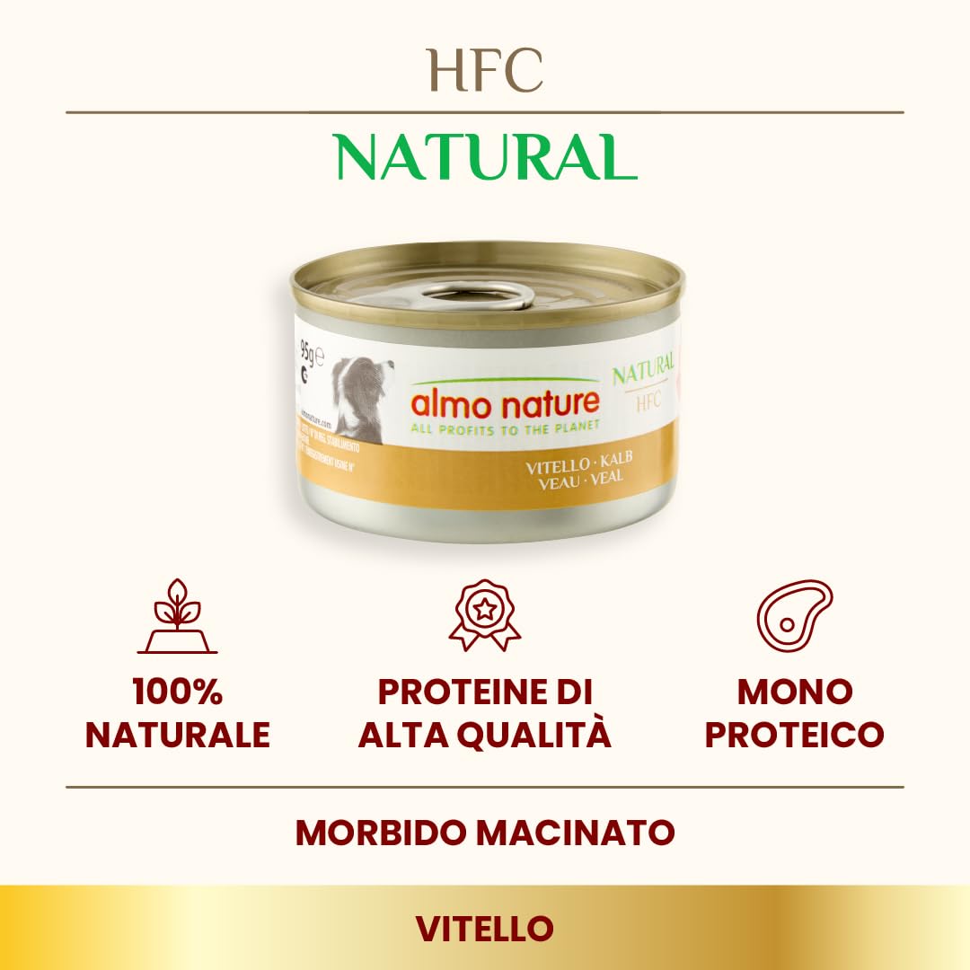 Almo Nature HFC Natural - Alimento Umido per Cani - Vitello - Qualità Human Grade, Senza Glutine, Monoproteico - 95g, Confezione da 24