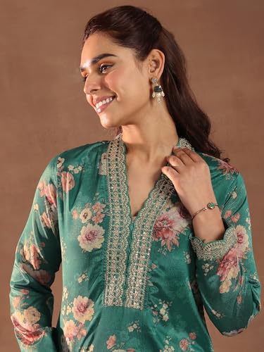 Image of Libas Womens Printed Silk Blend Straight Kurta With Palazzos and Dupatta | daily wear suit