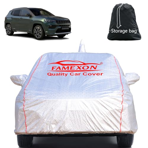 Image of Full Body Car Cover for Jeep Compass with Mirror and Antena Pocket Triple Stiched(Silver with Red Piping)