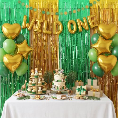 Image of TONIFUL 2Pcs Gold and Green Metallic Tinsel Foil Fringe Curtains Streamers | 3.3ftx6.6ft Photo Booth Backdrop Door Streamer for St Patrick's Day Christmas New Year Forest Theme Birthday Wedding Party