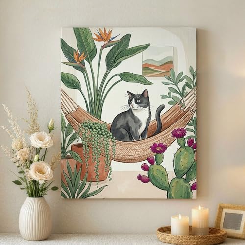Décoration botanique toile murale chat tropical pour une ambiance zen