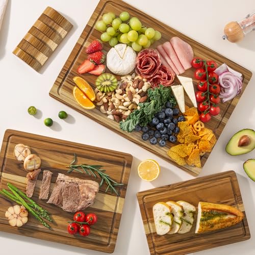 Image of Teak Wood Cutting Board Set of 3 Wooden Cutting Boards for Kitchen | Premium Teak Wood • FSC Certified • Deep Juice Groove • Built-In Handles • Non-Slip Feet • 3 Practical Sizes • Gift-Ready Box