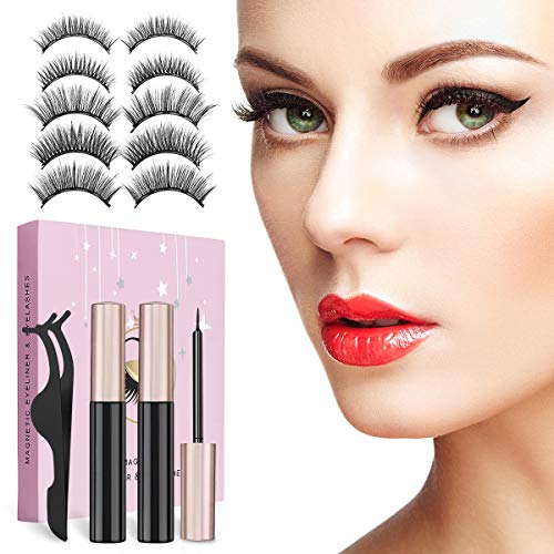 CHARMINER Magnetic Eyelashes with Eyeliner Lashes, Super Waterproof Magnetic Eyelashes with Tweezers, Women False Eyelashes 5 Style 3D Handmade Natural Eyeliner Long Lasting for Party, Daily(Pink)