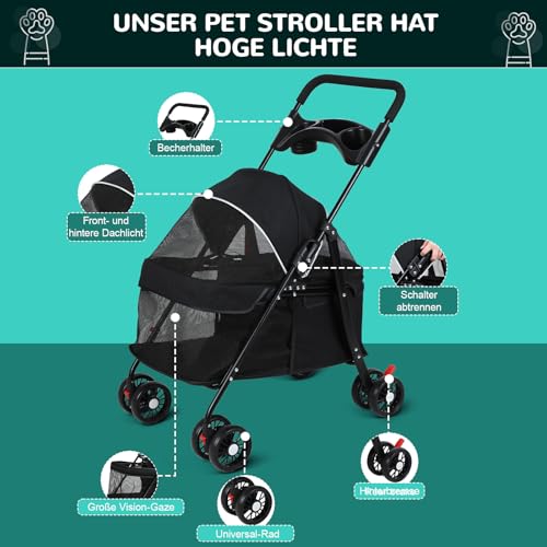 2-in-1 Hundebuggy bis 15 kg – Hundewagen & Katzenwagen klappbar mit Feststellbremse, Getränkehalter & Stauraum, Faltbarer Hunde Buggy für Reisen & Spaziergänge, 49.5×69.5×98 cm