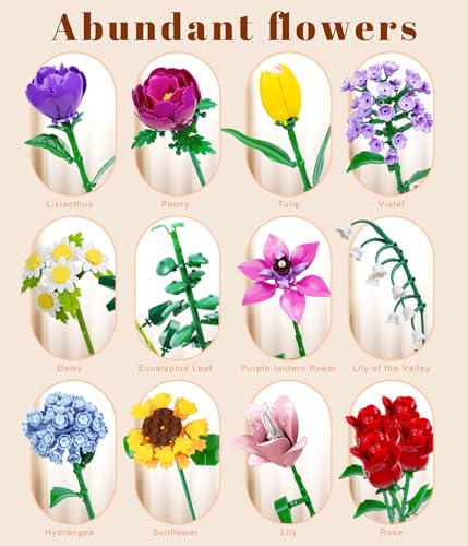 Image of Flower Bouquet Building Set, Compatible with Lego for Adults, 16 Rose Building Block, Artificial Flowers Botanical Collection Kit Home Decor, Gift for Her (907 PCS)