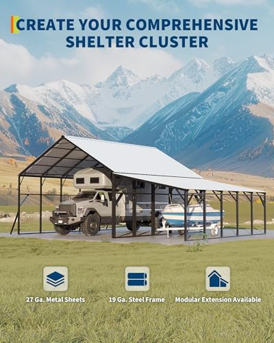 Image of Garvee 12x25 ft Lean-to Metal Carport, Vertical Roof Wall-Mounted Car Port for Snow Shedding, Heavy-Duty 19-Ga. Steel Frame, 107 inch to 78 inch Height for Long-Bed Pickup & SUV