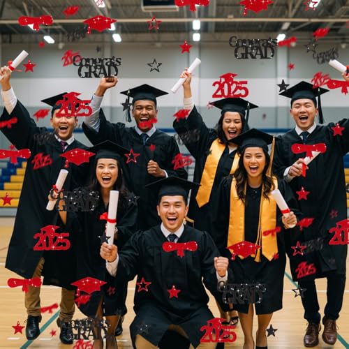 Image of 300Pcs Glitter Red and Black Graduation Table Confetti with Star，Congrats Grad Confetti 2025 Decorations, Perfect for Graduation Party Decor, Class Of 2025 Celebration Supplies